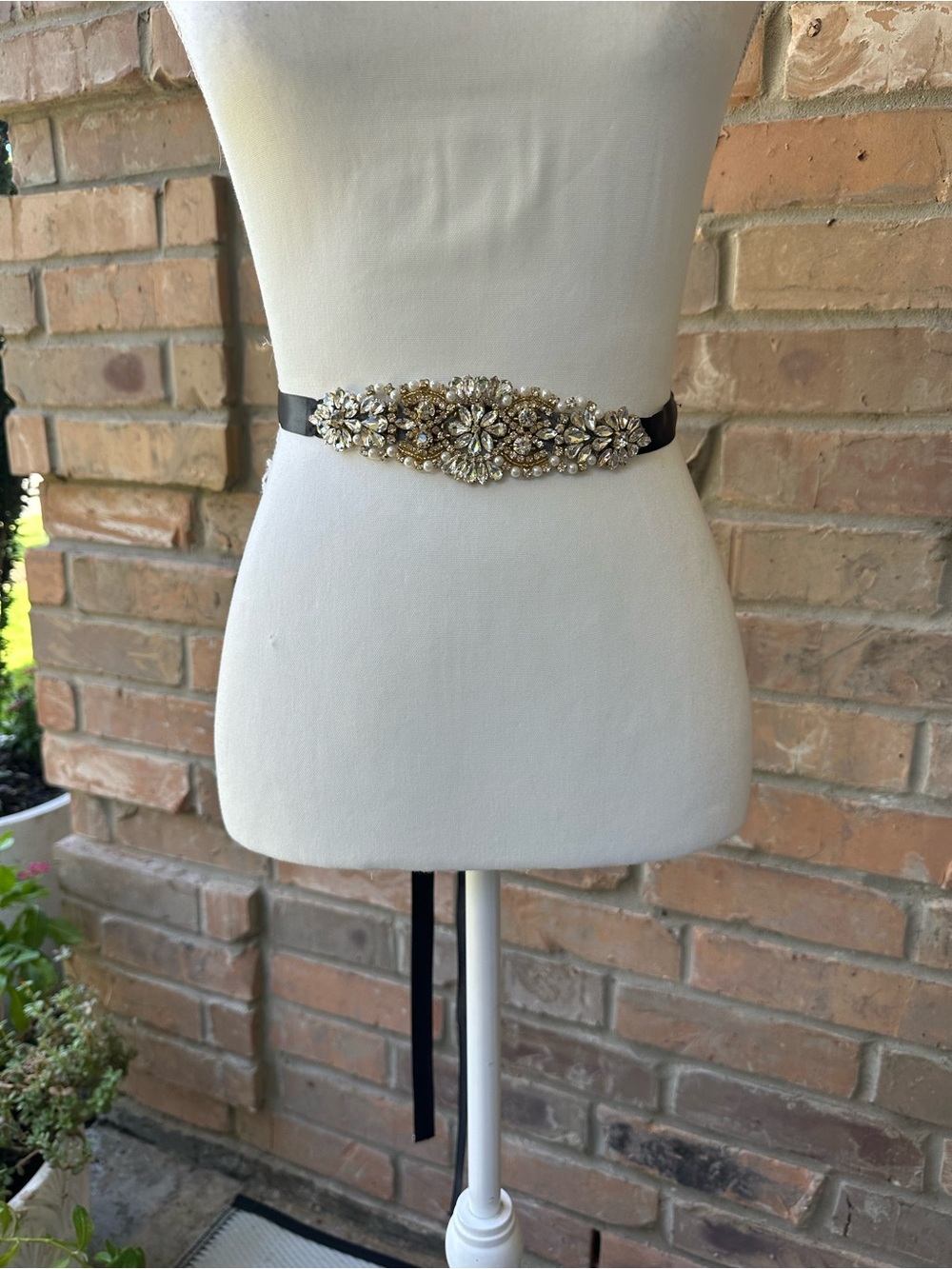 Embellished Black Ribbon Waist Belt with Crystal Appliqué